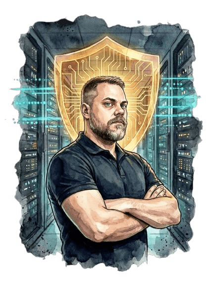 Watercolor figure with arms crossed in front of a glowing shield, server racks, and cyan data flows — visual cue for an AI Workforce running across systems