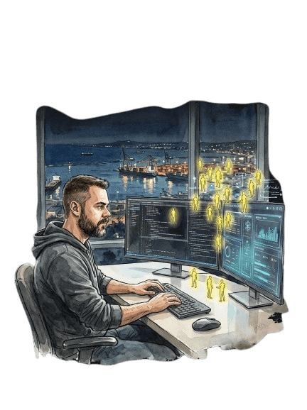 Guy building tech systems at his workstation