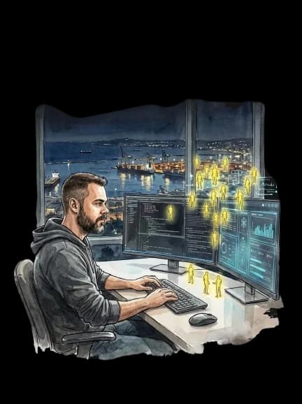 Guy at his workstation - dual monitors orchestrating an AI workforce