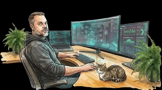 Guy at his desk with monitors, plants, and a cat