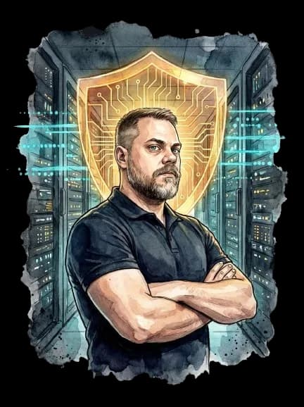 Guy in front of a server-room shield motif - production-grade ops